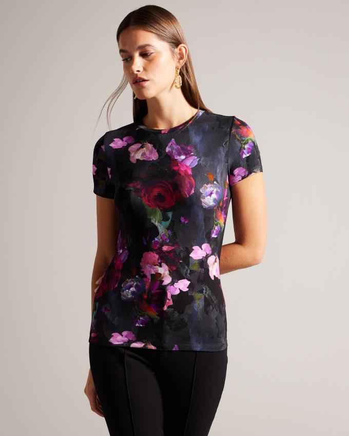 T-Shirt Ted Baker Painted Floral Print Fitted Noir Femme | TIO-56276963